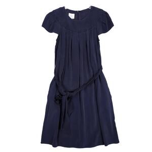Suzi Chin Maggy Boutique Sz 6 Navy Silk A-Line Shift Midi Dress Tie Belt Petal